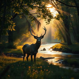 An enchanting forest during golden hour, with rays of sunlight filtering through the dense canopy of lush green leaves