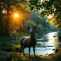 An enchanting forest during golden hour, with rays of sunlight filtering through the dense canopy of lush green leaves