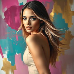 A surreal portrait of a woman with magnificent, nonchalant posture, her expression confident and inviting, surrounded by colorful abstract shapes
