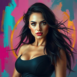 A surreal portrait of a woman with magnificent, nonchalant posture, her expression confident and inviting, surrounded by colorful abstract shapes