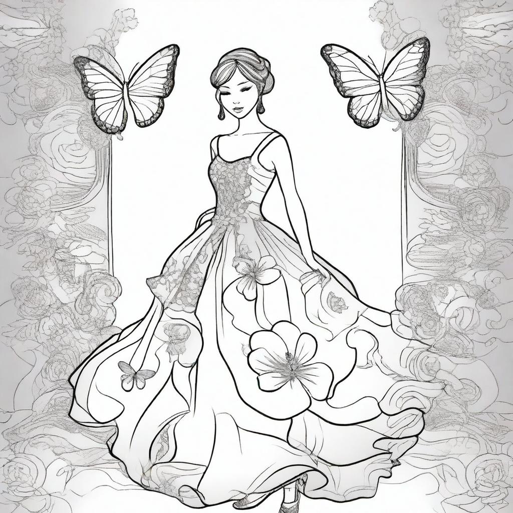 A lavish ballroom background with a girl elegantly attired in a butterfly-inspired dress