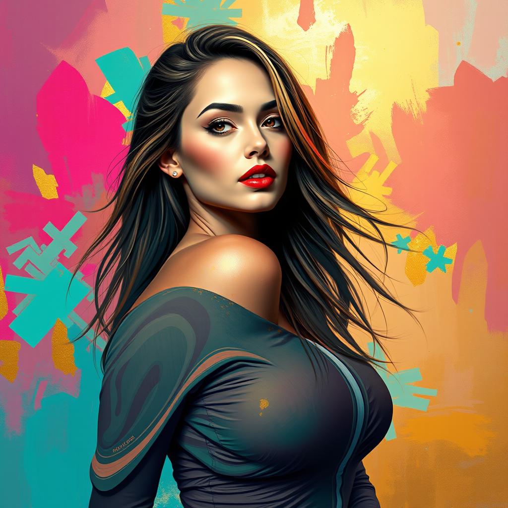 A surreal portrait of a woman with magnificent, nonchalant posture, her expression confident and inviting, surrounded by colorful abstract shapes