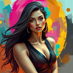 A surreal portrait of a woman with magnificent, nonchalant posture, her expression confident and inviting, surrounded by colorful abstract shapes