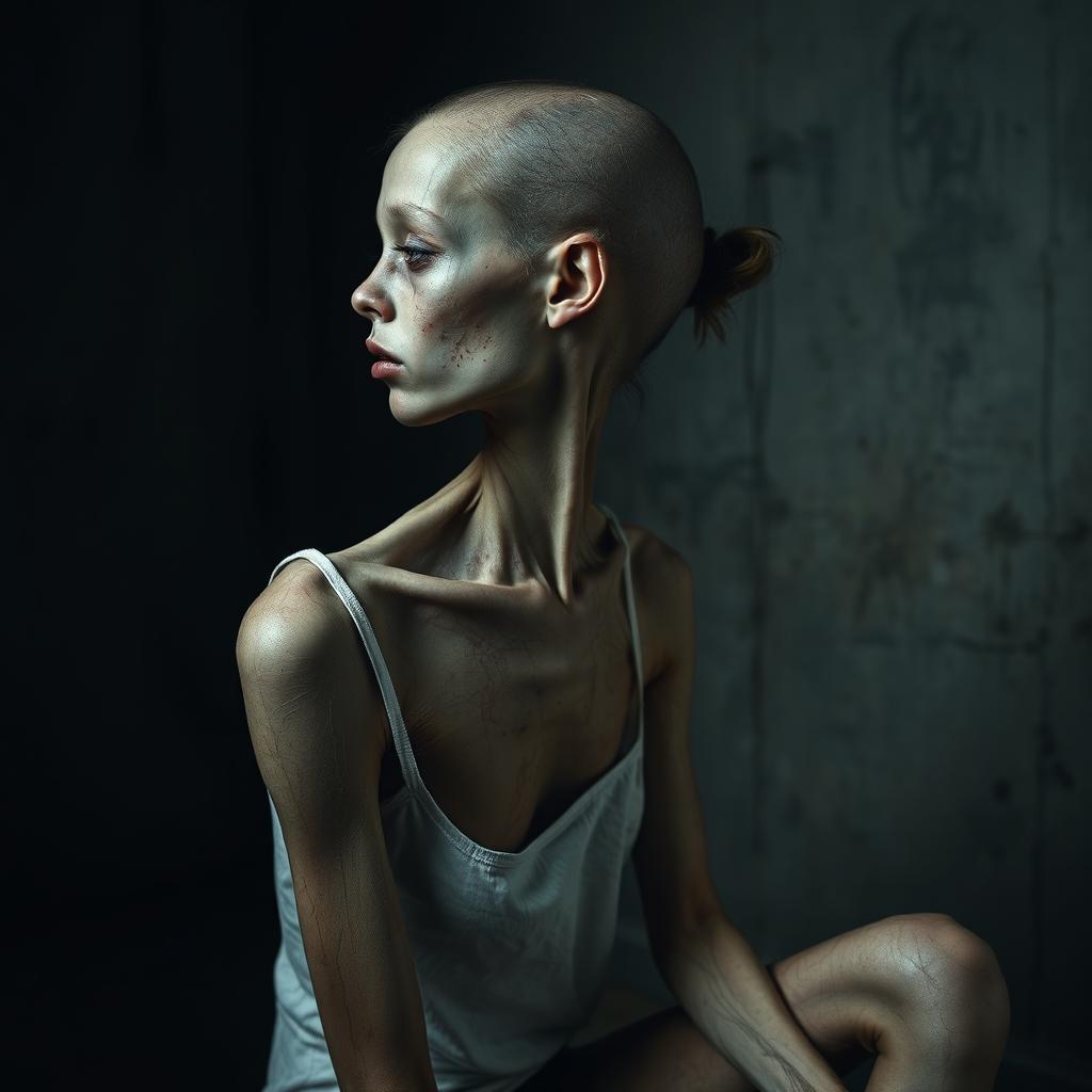 An extremely emaciated young woman with deep scratches on her skin, sitting sideways in a very dark and grimy room