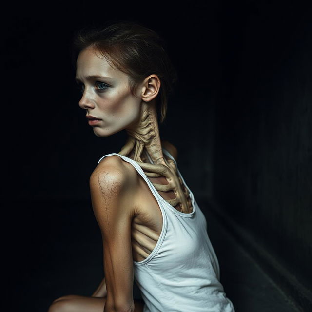 An extremely emaciated young woman with deep scratches on her skin, sitting sideways in a very dark and grimy room