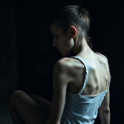 An extremely emaciated young woman with deep scratches on her skin, sitting sideways in a very dark and grimy room