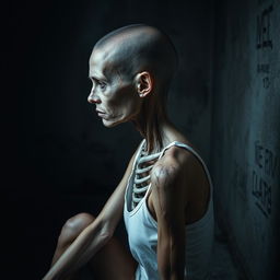 An extremely emaciated young woman with deep scratches on her skin, sitting sideways in a very dark and grimy room