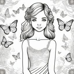 A lavish ballroom background with a girl elegantly attired in a butterfly-inspired dress