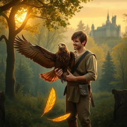 A warm and enchanting scene set in a lush, mystical forest at dusk, with soft golden light filtering through the trees