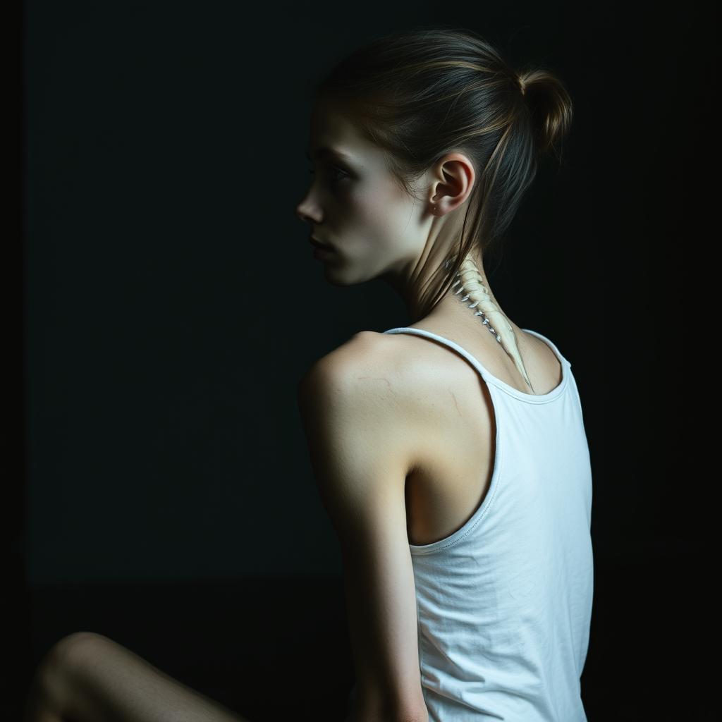 An extremely thin young woman with prominent scratches all over her skin, sitting sideways in a dimly lit room