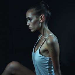 An extremely thin young woman with prominent scratches all over her skin, sitting sideways in a dimly lit room