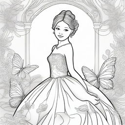 A lavish ballroom background with a girl elegantly attired in a butterfly-inspired dress