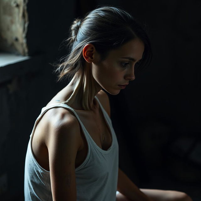 An extremely emaciated young woman with noticeable scratches on her skin, sitting sideways with her face completely hidden, showcasing only her skeletal profile