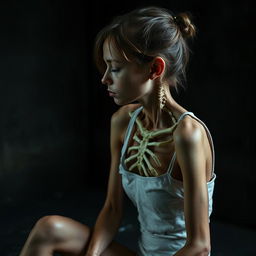 An extremely emaciated young woman with noticeable scratches on her skin, sitting sideways with her face completely hidden, showcasing only her skeletal profile