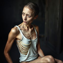 An extremely emaciated young woman with noticeable scratches on her skin, sitting sideways with her face completely hidden, showcasing only her skeletal profile