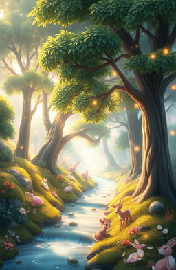 An enchanting animated forest scene, depicting a dreamy landscape filled with vibrant colors and whimsical details