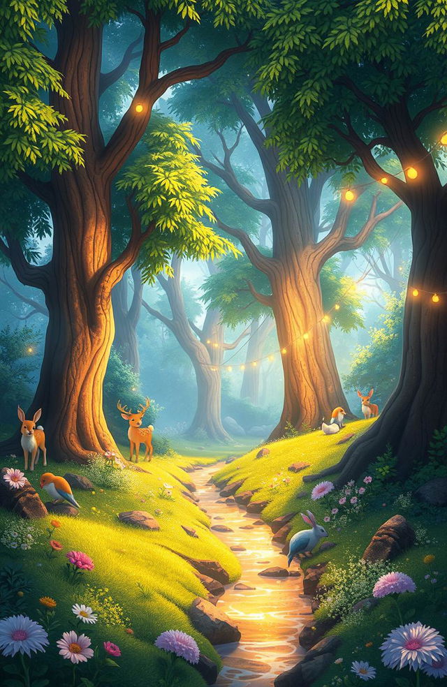 An enchanting animated forest scene, depicting a dreamy landscape filled with vibrant colors and whimsical details