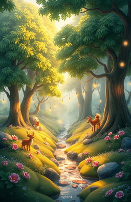 An enchanting animated forest scene, depicting a dreamy landscape filled with vibrant colors and whimsical details