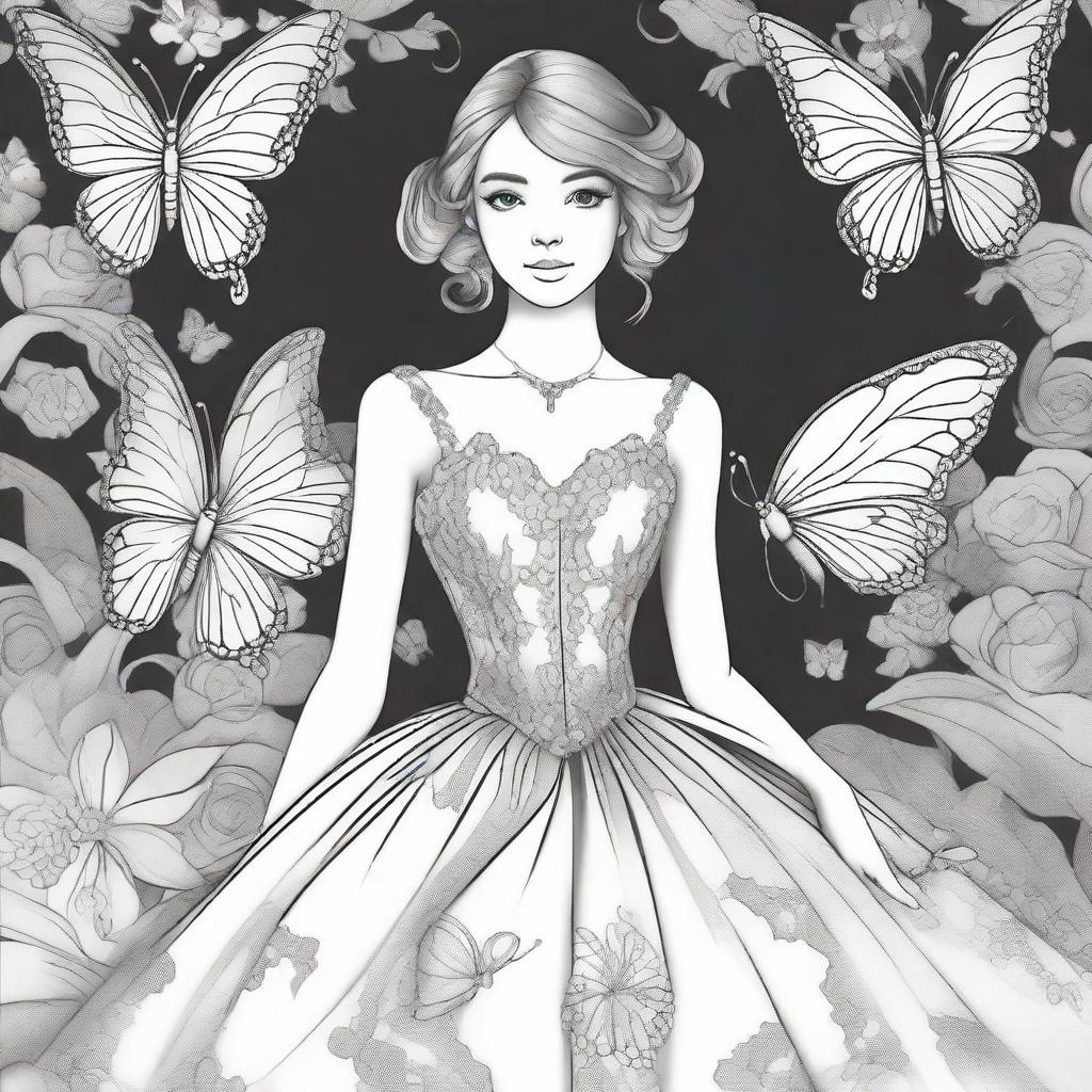 A lavish ballroom background with a girl elegantly attired in a butterfly-inspired dress