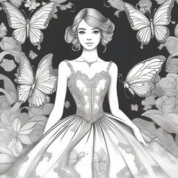 A lavish ballroom background with a girl elegantly attired in a butterfly-inspired dress