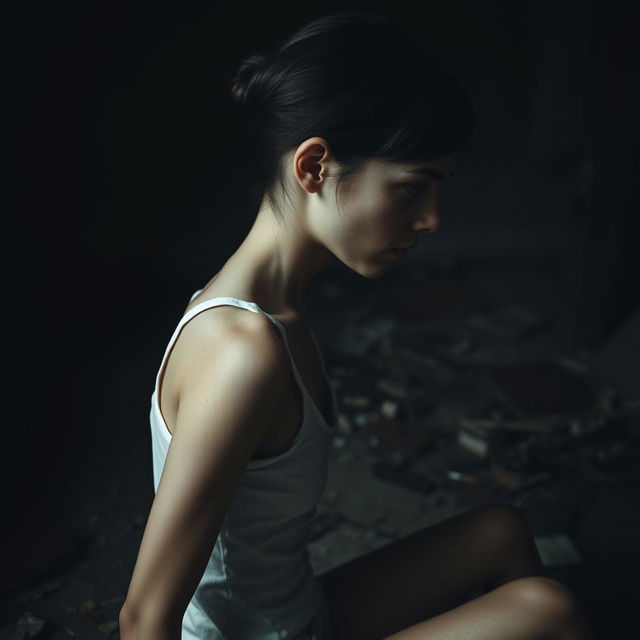 A very thin young woman with visible scratches on her skin, sitting sideways in a dark, chaotic room filled with scattered debris and shadows