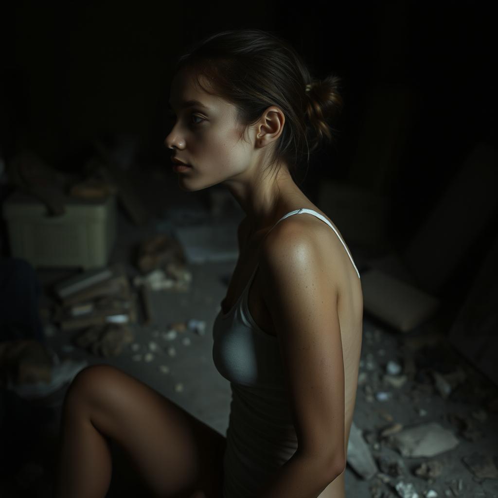 A very thin young woman with visible scratches on her skin, sitting sideways in a dark, chaotic room filled with scattered debris and shadows