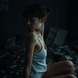 A very thin young woman with visible scratches on her skin, sitting sideways in a dark, chaotic room filled with scattered debris and shadows