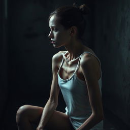 An extremely emaciated young woman with prominent scratches on her skin, sitting sideways in a dimly lit room