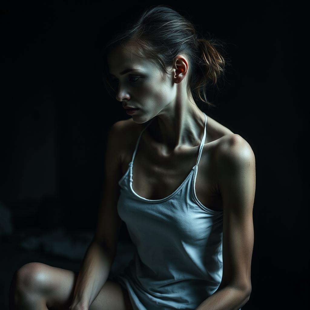 An extremely emaciated young woman with prominent scratches on her skin, sitting sideways in a dimly lit room