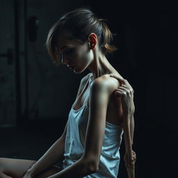 An extremely emaciated young woman with prominent scratches on her skin, sitting sideways in a dimly lit room