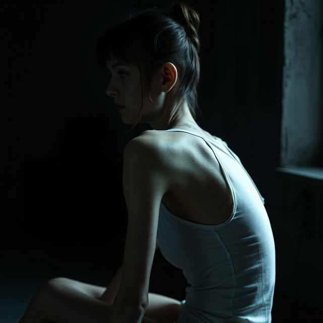 An extremely emaciated young woman with prominent scratches on her skin, sitting sideways in a dimly lit room