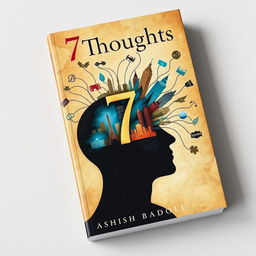 A captivating book cover design featuring a man's head with threads unraveling from it, each thread transforming into abstract cityscapes or symbols that visually represent the branching out and loss of control of thoughts
