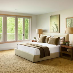 A cozy, well-lit bedroom with a comfortable king-size bed, stylish bedside tables, plush carpeting, and natural-themed artwork.