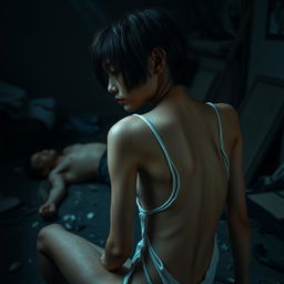 An extremely thin young woman with visible bruises and dirt on her body, sitting sideways in a dark, chaotic room