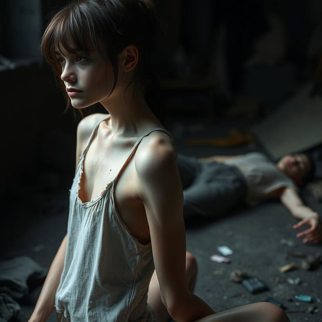 An extremely thin young woman with visible bruises and dirt on her body, sitting sideways in a dark, chaotic room