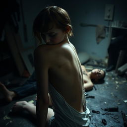 An extremely thin young woman with visible bruises and dirt on her body, sitting sideways in a dark, chaotic room