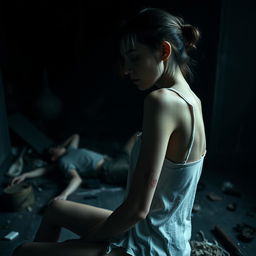 An extremely thin young woman with visible bruises and dirt on her body, sitting sideways in a dark, chaotic room