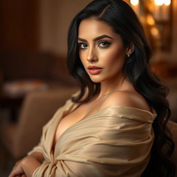 A stunning portrait of a glamorous woman with long dark hair, exuding confidence and sophistication