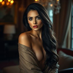 A stunning portrait of a glamorous woman with long dark hair, exuding confidence and sophistication