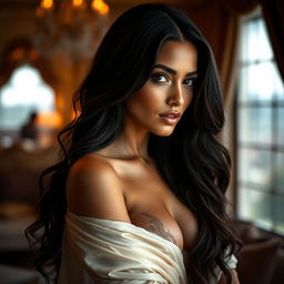 A stunning portrait of a glamorous woman with long dark hair, exuding confidence and sophistication