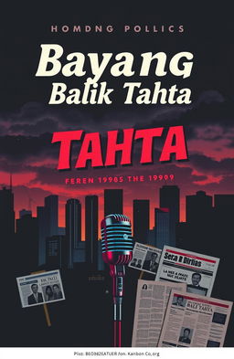 A book cover design themed around politics, featuring elements from the 1980s to 1990s