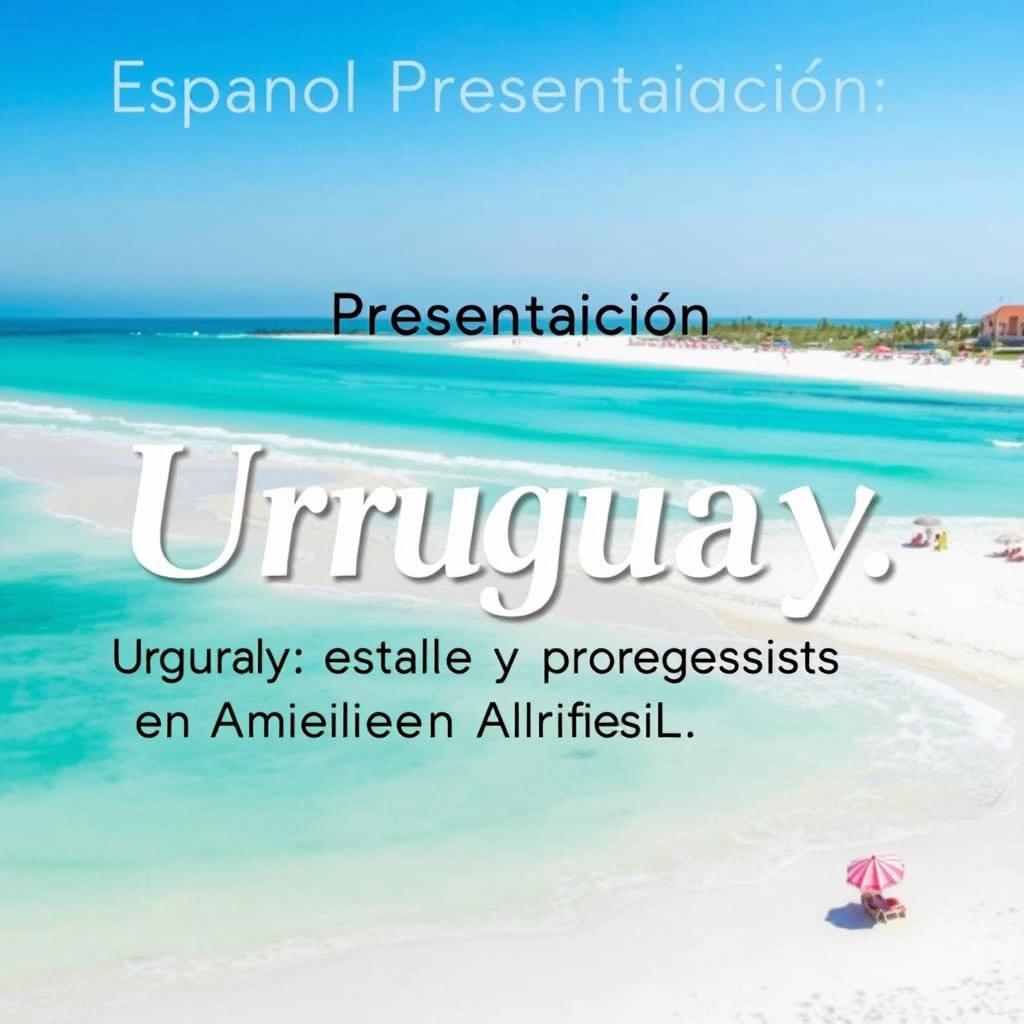 A vibrant and visually appealing presentation slide titled 'Espanol Presentación', featuring a side title ‘Uruguay: estable y progresista en América Latina’