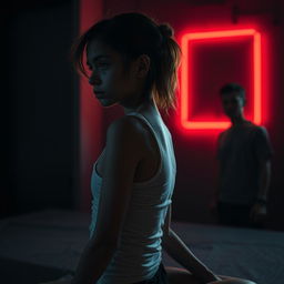 An extremely emaciated young woman with prominent scratches and dirt sitting sideways in a dimly lit room, her features almost skeletal