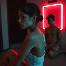 An extremely emaciated young woman with prominent scratches and dirt sitting sideways in a dimly lit room, her features almost skeletal
