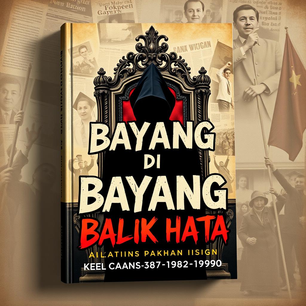 A book cover design titled 'Bayang di Balik Tahta', themed around politics in the 1980s-1990s