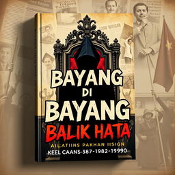 A book cover design titled 'Bayang di Balik Tahta', themed around politics in the 1980s-1990s