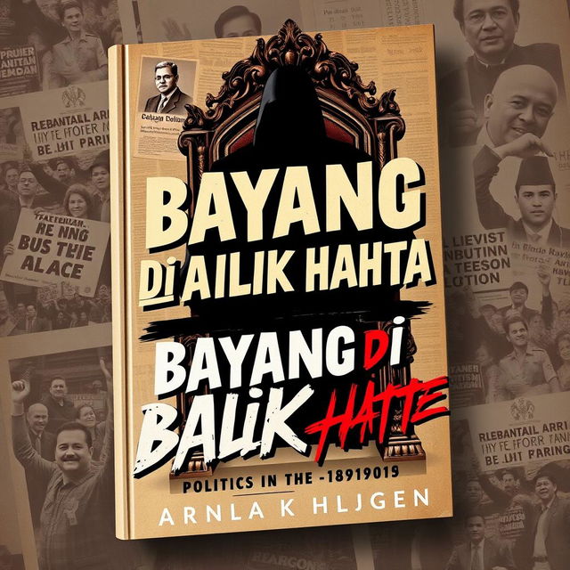 A book cover design titled 'Bayang di Balik Tahta', themed around politics in the 1980s-1990s