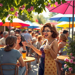 A vibrant depiction of a lively café scene during a sunny afternoon, filled with people engaged in various activities