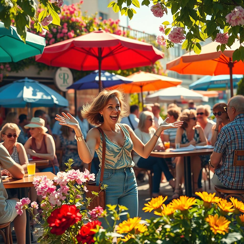 A vibrant depiction of a lively café scene during a sunny afternoon, filled with people engaged in various activities