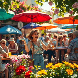 A vibrant depiction of a lively café scene during a sunny afternoon, filled with people engaged in various activities